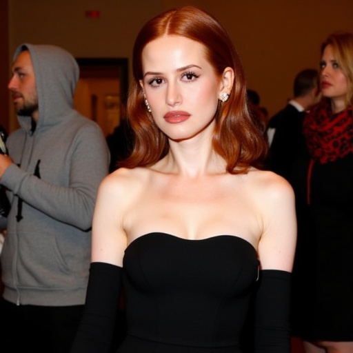 This is a high-quality photograph of a fair-skinned woman with striking red hair styled in soft waves that fall just past...