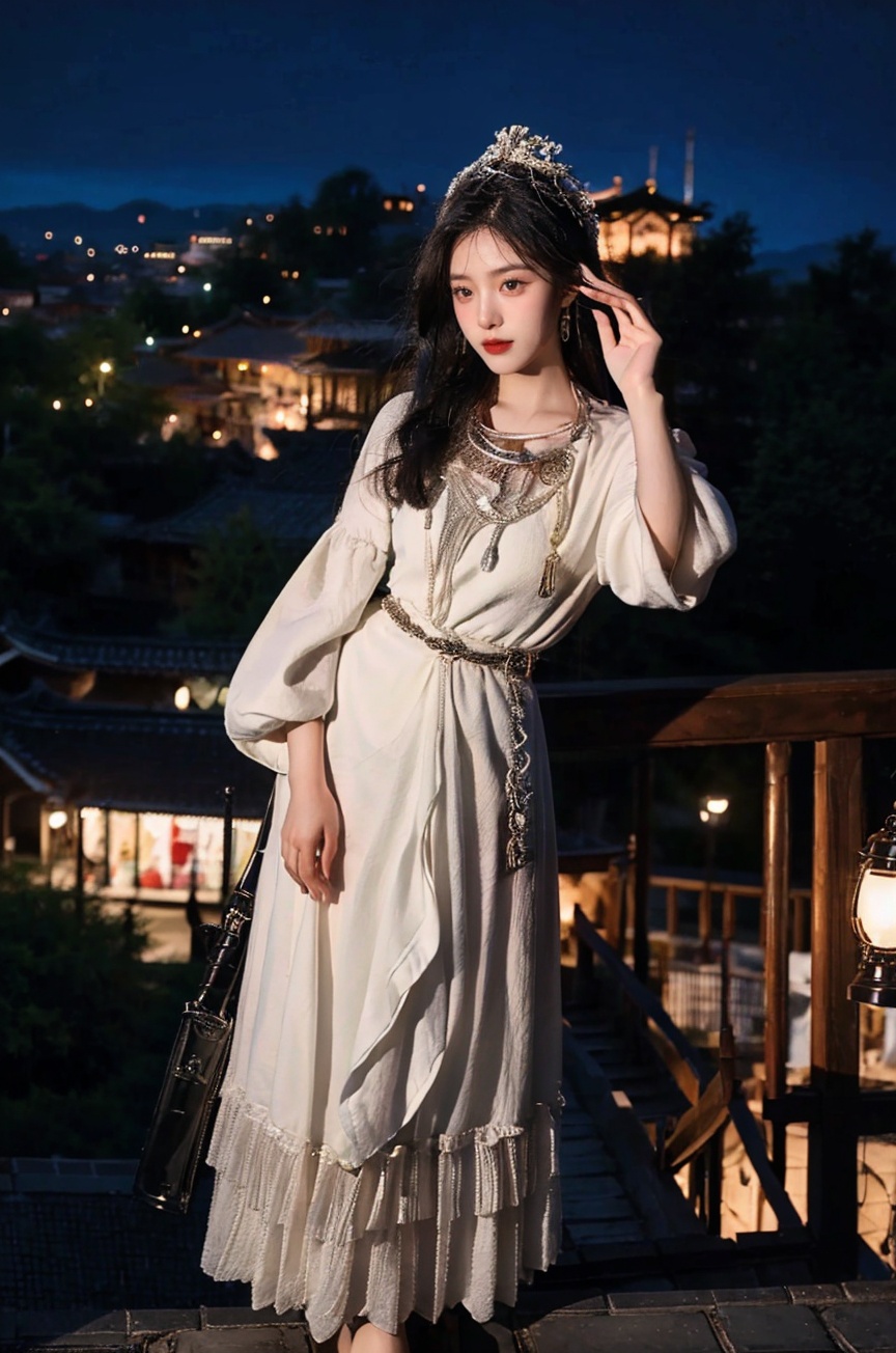 1girl,city night, ulzzang-6500-v1.1,(raw photo:1.2), incredibly absurdres, huge filesize , ultra-detailed, highres, extremely detailed,best quality ,masterpiece, illustration, an extremely delicate and beautiful, extremely detailed ,CG ,unity ,8k wallpaper, Amazing, finely detail, masterpiece,best quality,official art,extremely detailed CG unity 8k wallpaper, light on face, cinematic lighting,(full body:1.4),<lora:YG苗疆服装2:0.75>, 