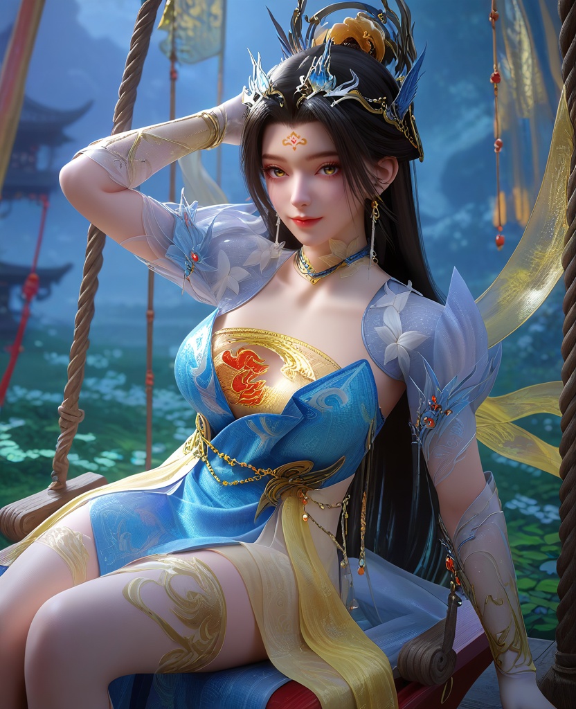 (She sits on a swing, leaning back with a carefree smile.:1.1),looking at viewer,(large breasts:1.2),<lora:XL16云深不知梦炽阳华明蓝色便服:0.95>,miss chiyanghuaming,blue tiered dress,forehead mark,black hair,very long hair,hair ornament,earrings,jewelry,choker,hagoromo,white gloves,yellow sheer bandeau,white overskirt,sash,, score_9,score_8_up,score_7_up,score_6_up,score_5_up,score_4_up,3d rendering,tag1,tag2, Cinematic Lighting,backlighting,