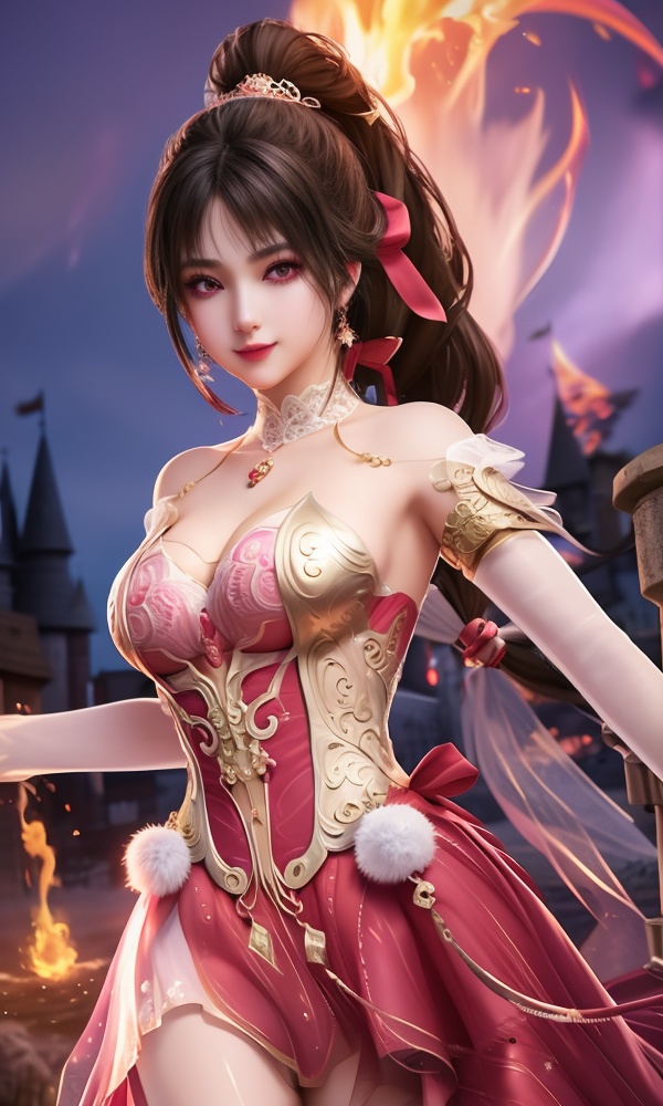 (,1girl, ,best quality, ),looking at viewer, <lora:454-DA-永劫无间-斗罗大陆-小舞:0.8> ,,,ultra detailed background,ultra detailed background,ultra realistic 8k cg, ,masterpiece, (( , )),     ,castle,     pyrokinesis,  (cleavage), (),