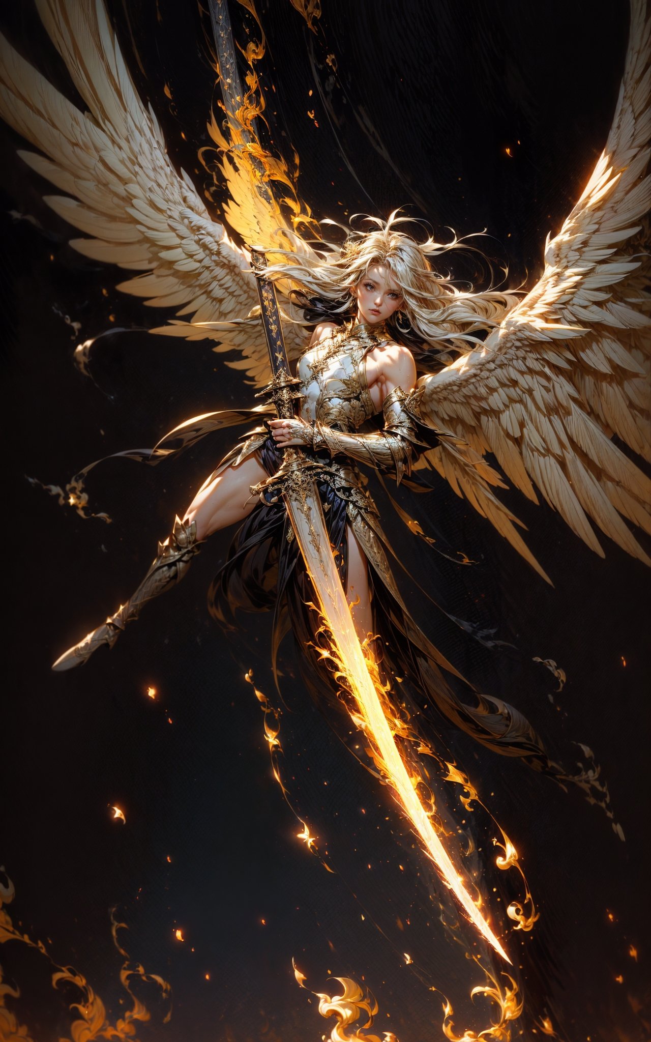 angel,  Super powerful flame angel flies out of the clouds,  behind him is golden meteor magic surrounding his body on Ten...