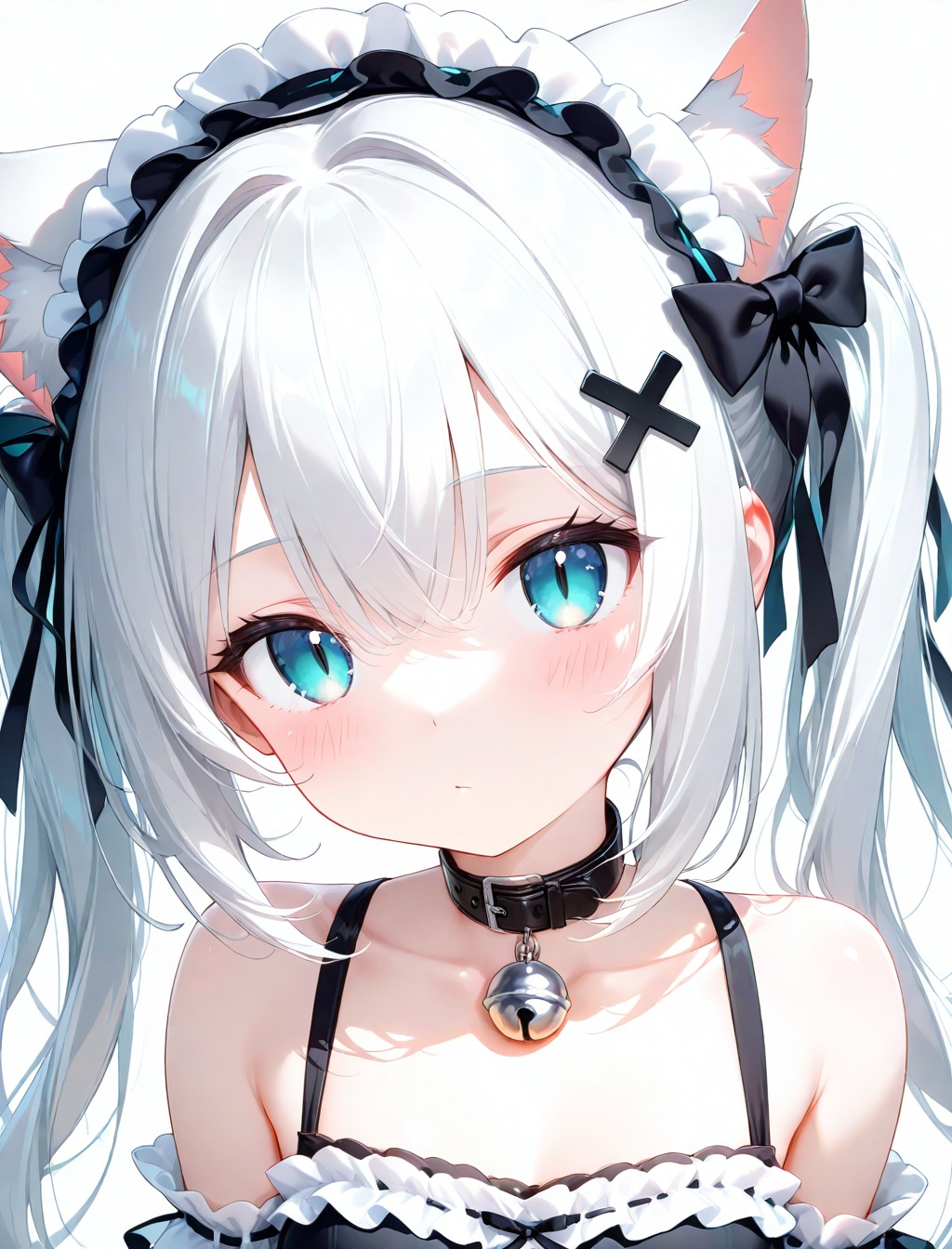 1girl, blue eyes, animal ears, solo, long hair, bell, cross hair ornament, looking at viewer, neck bell, blush, cat ears, upper body, white background, animal ear fluff, hair ornament, simple background, hair between eyes, white hair, cross, collar, closed mouth, frills, extra ears, black dress, bare shoulders, jingle bell, detached sleeves, black choker, dress, choker, hairband, slit pupils, maid headdress, black collar, collarbone, wavy hair, ribbon, hair bow, black hairband, bow, maid, x hair ornament, black bow
