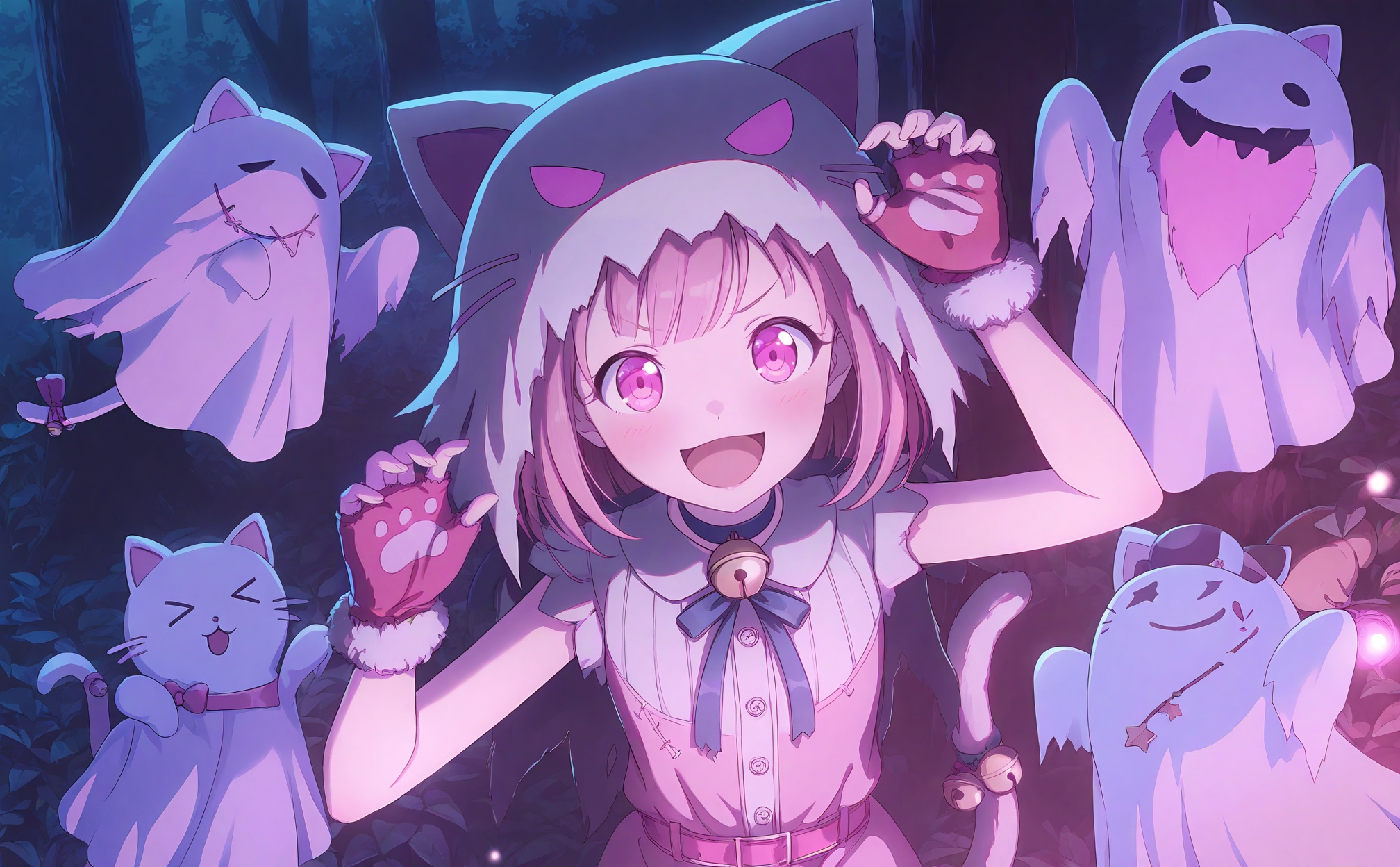 masterpiece,highres,absurdres,newest,best quality,loli,petite,high quality,chromatic_aberration,//,1girl, pink_eyes, pink_hair, gloves, bell, pink_gloves, fur_trim, pink_dress, open_mouth, fur-trimmed_gloves, solo, leaf, dress, bow, jingle_bell, smile, nature, star_\(symbol\), neck_bell, fingerless_gloves, tree, ootori_emu, animal_ears, paw_gloves, forest, tail, shirt, cat_ears, upper_body, looking_at_viewer, night, ribbon, buttons, animal_hands, short_sleeves, collar, cat_tail, sleeveless, dot_nose, frills, hands_up, short_hair, :d, belt, choker, outdoors, tail_ornament, pink_belt, fur-trimmed_dress, paw_pose, fake_animal_ears, claw_pose, ghost_costume, collared_shirt, white_shirt, blue_bow, pink_bow, hat, pink_choker, glowing, arms_up, blush, pink_ribbon, hood_up, pink_theme, sleeveless_dress, v-shaped_eyebrows, fingernails, bob_cut, light_particles, medium_hair, hood, animal_hat, >_<, official_alternate_costume, tail_bell//,<lora:PJSKcg925——【NOOB】hans:0.8>,