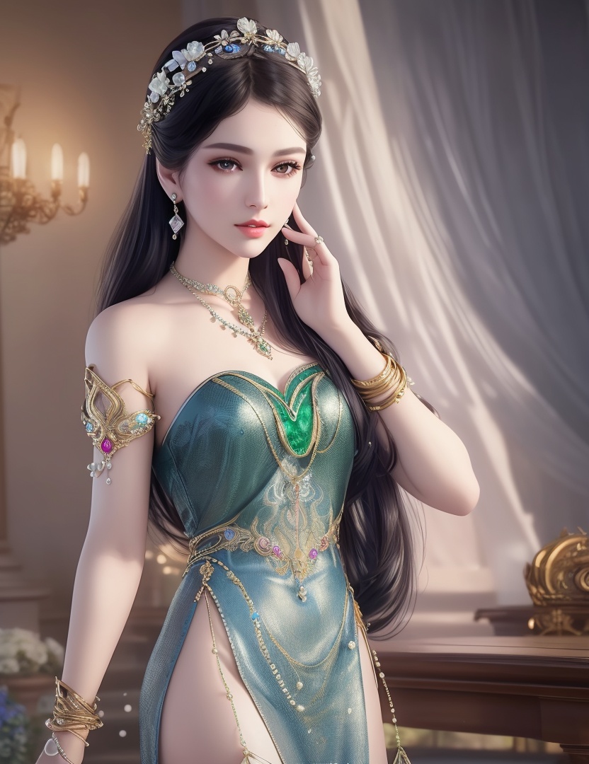 ultra realistic 8k cg, picture-perfect face, flawless, clean, masterpiece, professional artwork, famous artwork, cinematic lighting, cinematic bloom, perfect face, beautiful face, fantasy, dreamlike, unreal, science fiction,  beautiful clothes, lace, lace trim, lace-trimmed legwear,  (rich:1.4), prestige, luxury, jewelry, diamond, gold, pearl, gem, sapphire, ruby, emerald, intricate detail, delicate pattern, charming, alluring, seductive, erotic, enchanting, hair ornament, necklace, earrings, bracelet, armlet,halo((,1girl, pov,))(((,  1girl,  solo,looking at viewer, ))),(((1girl, solo, dress, jewelry)))<lora:DA_WhiteSnakeGreenSnake:0.7>