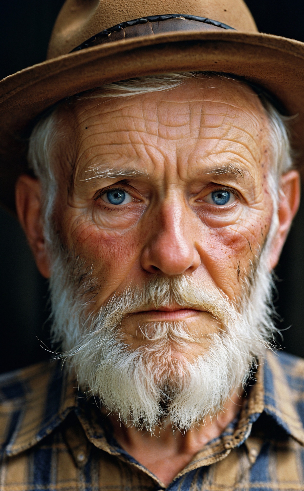 film photography aesthetic,  Intense close-up portrait,  elderly man with piercing blue eyes on Tensor.Art