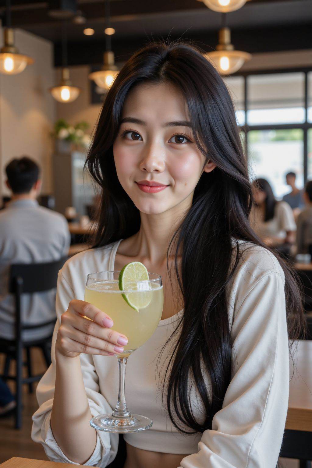 This photograph captures a young Asian woman with long black hair, fair skin, and a slender physique, seated in a modern, warmly lit restaurant. She wears a white, long-sleeved top and holds a cocktail glass with a lime wedge. In the background, other patrons, including a man in a grey shirt, are seated at tables. The decor features contemporary lighting fixtures and a mix of wood and metal accents. The atmosphere is casual yet sophisticated, with a focus on contemporary design and comfort.