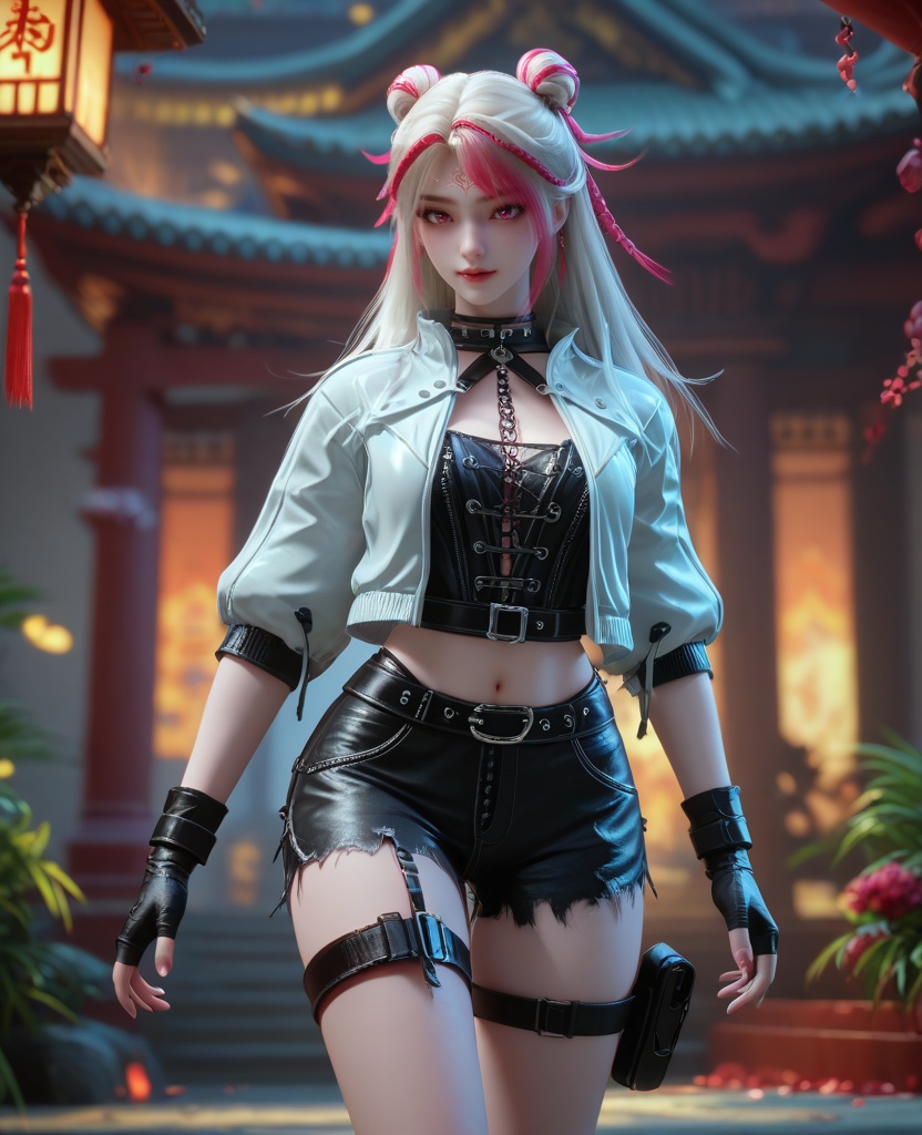 (oriental architecture, elegant decor, sophisticated style:1.1),(high five:1.1),(breasts:1.2),<lora:XL16克金玩家苏晓晓:0.95>,miss suxiaoxiao,white cropped jacket,black corset,pink eyes,forehead mark,double bun with long cascading hair,white hair,streaked hair,braid,black shorts,black fingerless gloves,thigh strap,single thighhigh,, score_9,score_8_up,score_7_up,score_6_up,score_5_up,score_4_up,3d rendering,tag1,tag2, Cinematic Lighting,backlighting,, zPDXL3, zPDXL2,zPDXL, zPDXLxxx, zPDXLrl,