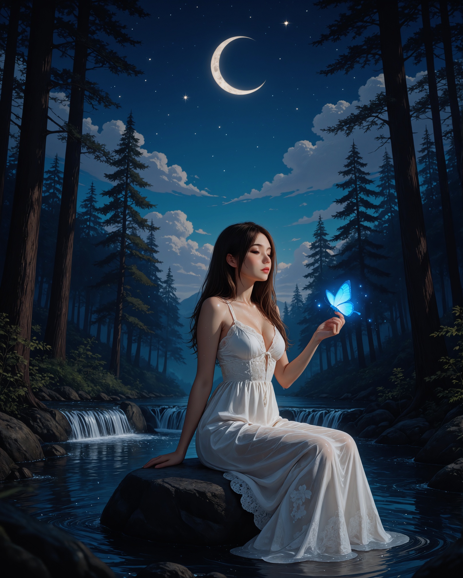 A beautiful woman sitting on a rock in the middle of a serene forest at night,  surrounded by tall trees and a stream. she...