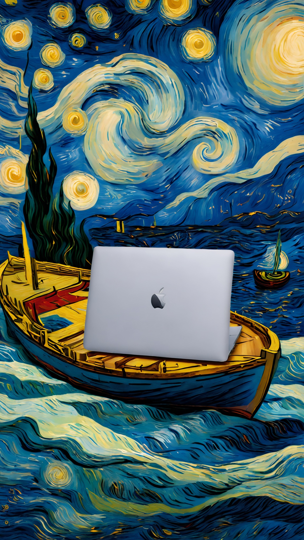jistarrynight,product photograph,(A MacBook is displayed on a boat),van Gogh,Shooting from a far angle,<lora:jistarrynight V1.0:1>,