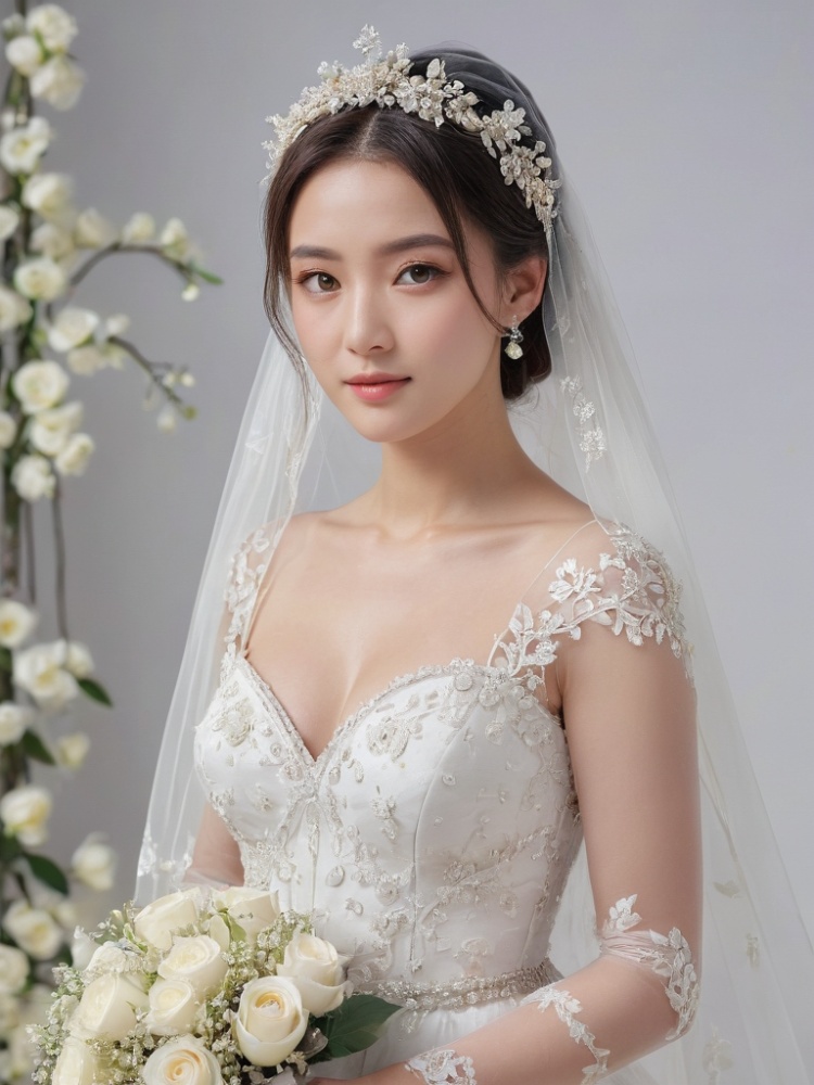masterpiece, The best quality, 1girl, luxurious wedding dress, dreamy scene, white background, front viewer, looking at viewer, Flowers, romantic, Bride, Translucent white turban, UHD, 16k, , sparkling dress, yunbin