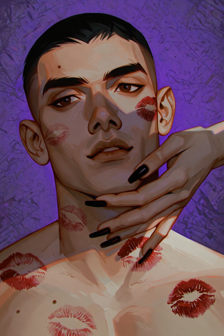 A close-up,  portrait captures a shirtless man with short-cropped black hair,  his face tilted slightly upward against a t...