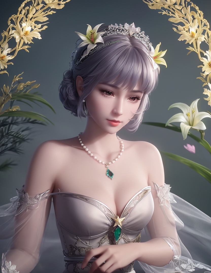 ultra realistic 8k cg, picture-perfect face, flawless, clean, masterpiece, professional artwork, famous artwork, cinematic lighting, cinematic bloom, perfect face, beautiful face, fantasy, dreamlike, unreal, science fiction,   lace, lace trim, lace-trimmed legwear,  (rich:1.4), prestige, luxury, jewelry, diamond, gold, pearl, gem, sapphire, ruby, emerald, intricate detail, delicate pattern, charming, alluring, seductive, erotic, enchanting, hair ornament, necklace, earrings, bracelet, armlet,halo((,1girl, pov,))  ((, 1girl, solo, star_\(symbol\),lily \(flower\),hair flower, dress, jewelry))<lora:DA_BaiChenXiang:0.6>