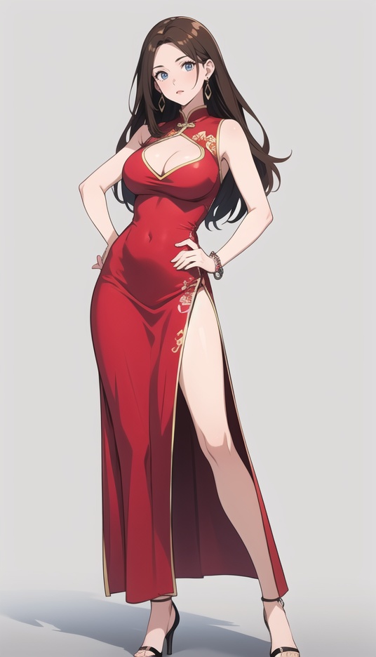 (best quality), ((masterpiece)), (highres), illustration, original, extremely detailed,1girl, solo, dress, brown hair, breasts, high heels, jewelry, cleavage cutout, china dress, chinese clothes, cleavage, side slit, clothing cutout, earrings, long hair, blue eyes, hand on hip, bracelet, full body, white background, legs, simple background, red dress, large breasts