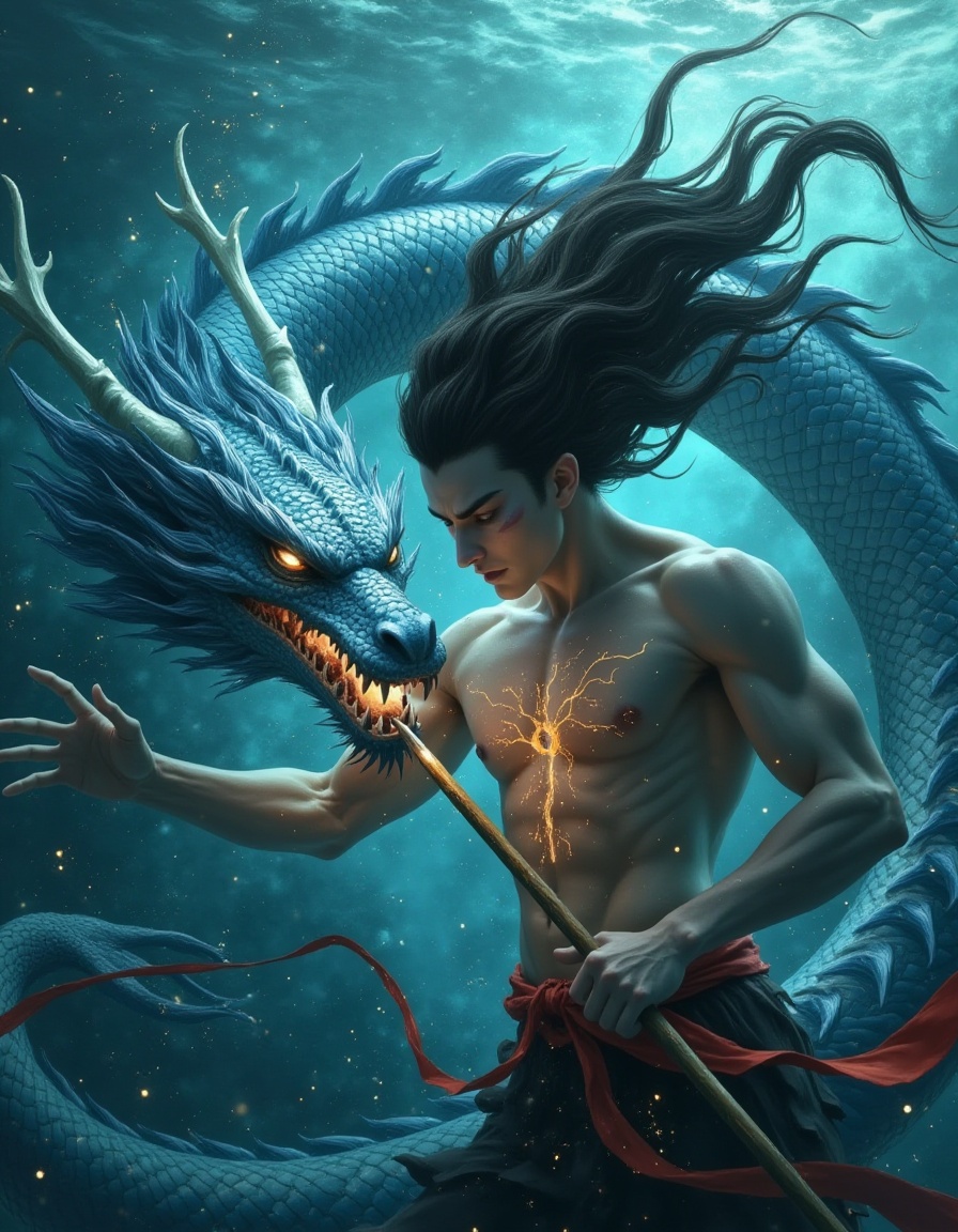 danezha,Epic underwater combat scene,danezha wrestling with eastern dragon,(water vortex dynamics:1.4),glowing scale patterns on bare chest,spear piercing dragon's jaw,(ferocious expression:1.7),aquatic lighting effects,swirling ocean currents creating dynamic hair movement,traditional Chinese wave motifs,bioluminescent particles in deep sea environment,<lora:lora-000008.by_tusi:1>,