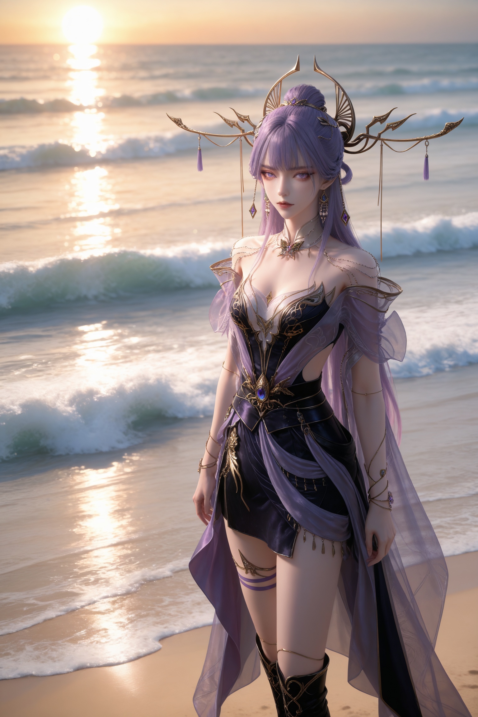 Nai3 style,realistic style photo,outstanding style,Use soft lighting to cast gentle shadows on the subject,adding a touch of dimension to your images without compromising details,whirls of vapor,(Anime:1.1),soft neon light,ethereal ambiance,delicate details,magical atmosphere,concept art,highly detailed,ultra-high resolution,32K UHD,sharp focus,best-quality,masterpiece,golden hour,unconventional supreme masterpiece,masterful details,temperate atmosphere,with a high-end texture,in the style of fashion photography,magazine style,Dynamic Angle,Dynamic posture,magazine style,Dynamic Angle,Dynamic posture,(cowboy_shot:1.2),eye trail,depth of field,cinematic lighting,lens flare,(artist:quasarcake:0.8),close-up,(artist:quasarcake:0.8),extreme aesthetic,(wlop:0.6),(honjou raita,lack,rella,wanke:0.5),masterpiece,best quality,good quality,newest,year 2025,very aesthetic,absurdres,Visual impact,A shot with tension,ultra-high resolution,32K UHD,sharp focus,best-quality,masterpiece,Emotionalization,unconventional supreme masterpiece,masterful details,temperate atmosphere,with a high-end texture,in the style of fashion photography,(Visual impact:1.2),giving the poster a dynamic and visually striking appearance,<lora:百炼成神3-天穹IL:0.7>,1girl,long hair,hair ornament,purple hair,earrings,purple eyes,hair rings,hair ornament,necklace,bare shoulders,purple dress,black dress,thigh strap,boots,, standing,Seaside,beach,waves,full body,