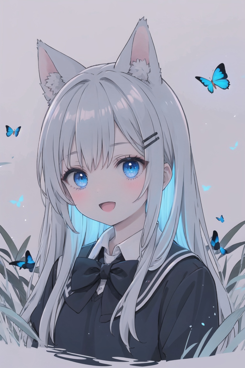 1girl,:d,blush,hair ornament,hairclip,looking at viewer,luminous,solo,long hair,butterfly,<lora:luminous_V5-000005:1>,blue eyes,grass,school uniform,cat ears,, masterpiece, best quality, highres,