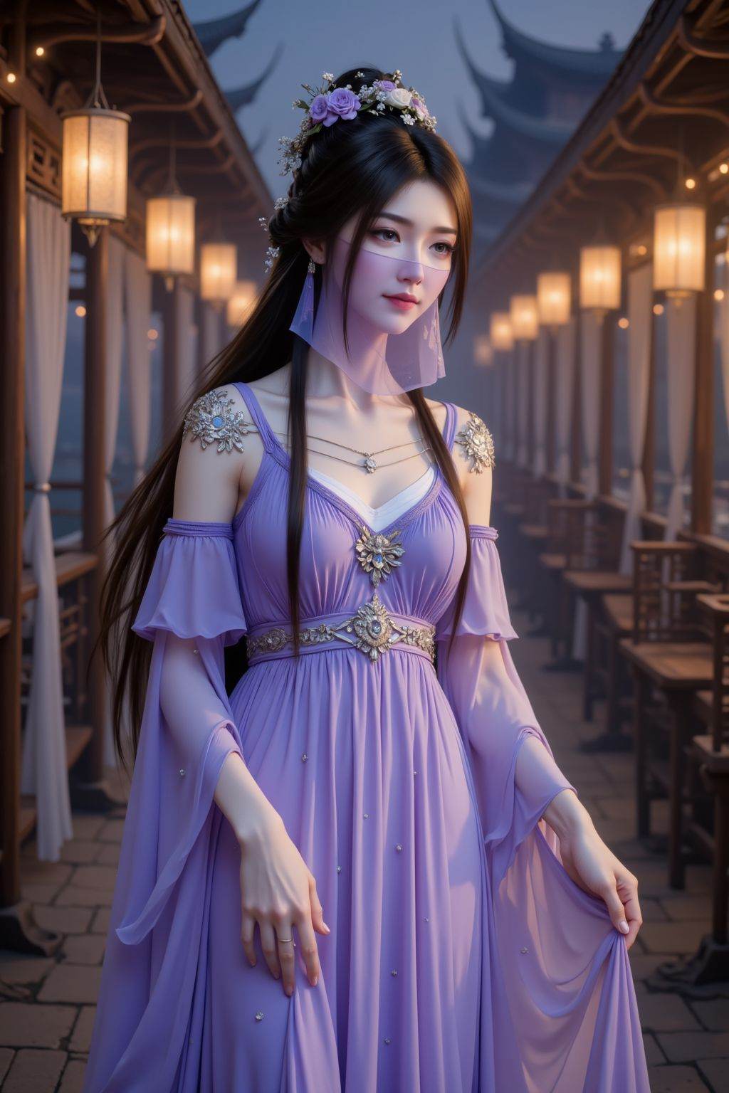 A light purple veil covers her face, The main subject of the image is a woman in classical, flowing attire—her long black hair styled into an elaborate high bun, adorned with purple silk flowers, blue leaves, and small white blossoms, with slightly curled ends falling over her shoulders. Her face has exquisite makeup: purple pupils, long lashes, light pink lips, and fair, radiant skin. She wears a light purple off-shoulder long dress, the top part made of transparent tulle with silver floral embroidery on the shoulders and cuffs, the skirt composed of multiple layers of lightweight purple tulle scattered with tiny sequins—when she moves, the skirt flutters in the wind, creating a lively, dynamic effect. The woman stands sideways, right hand gently touching her shoulder, left hand naturally extending to lift the skirt, exuding an elegant posture. The background is a nighttime Chinese scene: blurred wooden structures and hanging warm yellow lanterns create a soft halo, light shining from the side gilds her hair and skirt with a golden edge. The overall atmosphere is dreamy and warm, blending classical charm with romantic aura. <lora:20251024_TinFlux1ZiLingLora9:1>