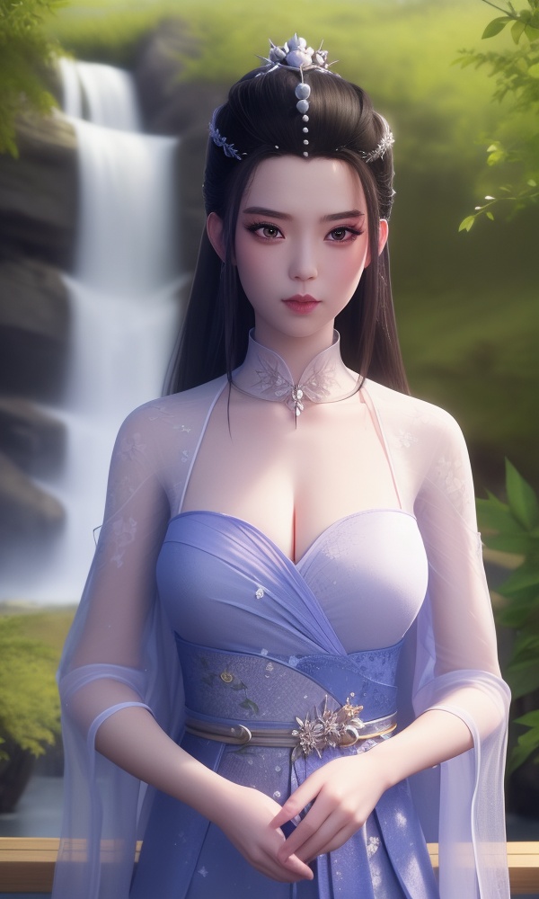 (,1girl, ,best quality, ),looking at viewer, <lora:431-DA-逆天邪神-楚月婵:0.8> ,,ultra detailed background,ultra detailed background,ultra realistic 8k cg, , ,masterpiece, (( , )),,, ultra realistic 8k cg, ,      ,peony \(flower\),   waterfall,    (cleavage), (), 