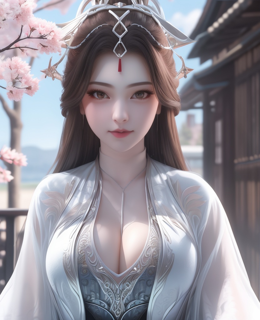 <lora:557-DA-百炼成神-玉婆婆:0.8>(,1girl, ,best quality, ),looking at viewer,  ultra detailed background,ultra realistic 8k cg,ultra detailed 8k cg,masterpiece,upper body,  (( , )),, ,science fiction,mole, ultra realistic 8k cg, ,    ,outdoors, sun,sunlight, cherry blossoms,      (cleavage), (),