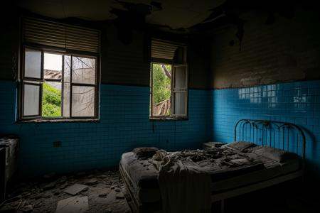 no humans,indoors,<lora:nighttime_v1:1.2>,<lora:detail_slider_v4:3>,<lora:abandoned hospital_v1:0.5>,(red-panic-button-positive:1.2),night,dark,moonlight,ruanyi060,tile floor,tile wall,((white_tile wall)),((rusty bed)),broken walls,((no lights)),, best quality,masterpiece,high quality,real,realistic,super detailed,full detail,8K,
