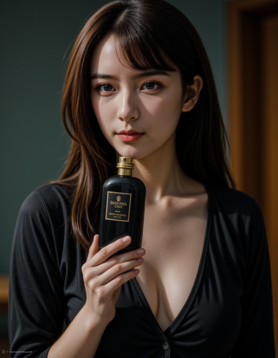 cinematic,girl,facing forward,holding a bottle of A glass perfume bottle,a cat next to,