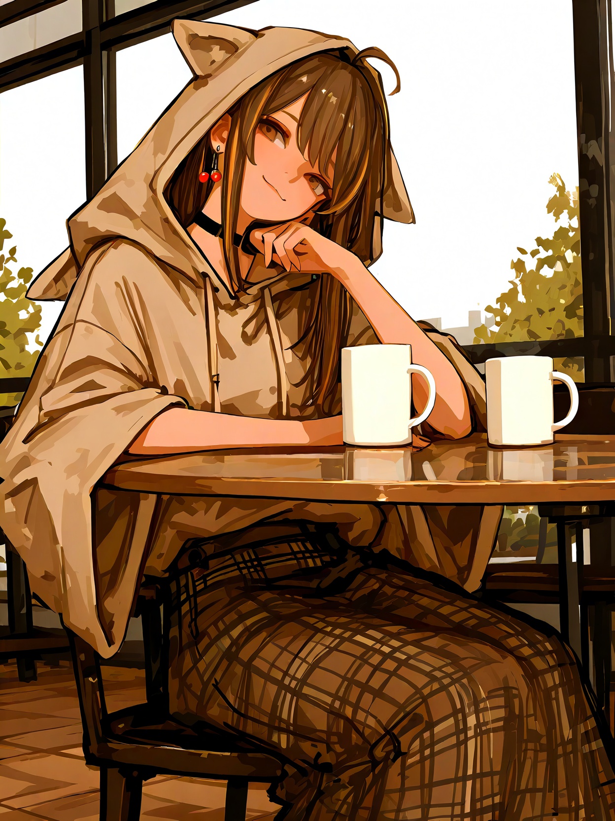 masterpiece, best quality, 1girl, solo, N4nashiCas, brown eyes, brown hair, long hair, streaked sidelocks, ahoge, cherry earrings, black choker, oversized hoodie, beige hoodie, animal hood, wide sleeves, long skirt, high-waist skirt, plaid skirt, brown skirt, indoors, cafe, sitting, table, cup, coffee mug, arm rest, smile, head tilt,