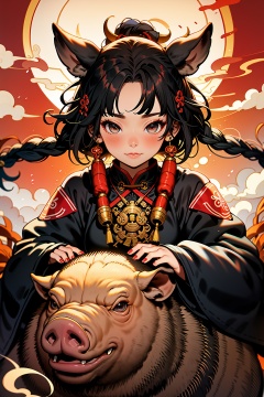 1girl,animal,braid,boar,blush,long hair,chinese zodiac,fur trim,looking at viewer,solo,black hair,jewelry,year of the pig,long sleeves,floating hair,necklace,wide sleeves,bangs,closed mouth,beads,smoke,brown eyes,fingernails,nail polish,hair ornament,red nails,traditional clothes,pig,zodiac,Dark,masterpiece,best,<lora:暗黑十二生肖_Zodiac:0.8>,