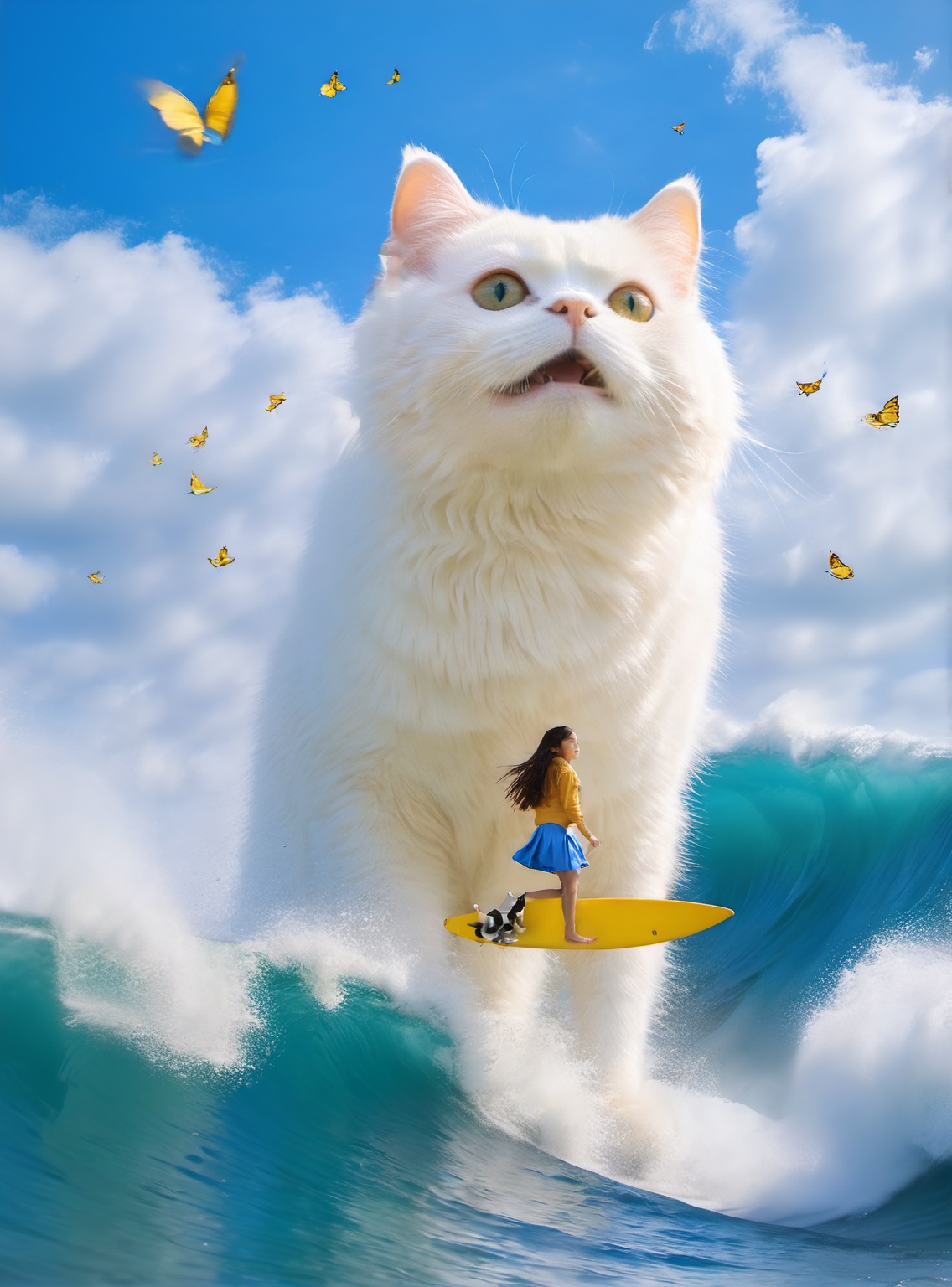 <lora:white cat 过拟V1.0-0008:1>,large white cat,a young girl,A happy black and white french bull cat surfing on a surfboard on a very high wave,, (masterpiece, best quality, highres:1.2),