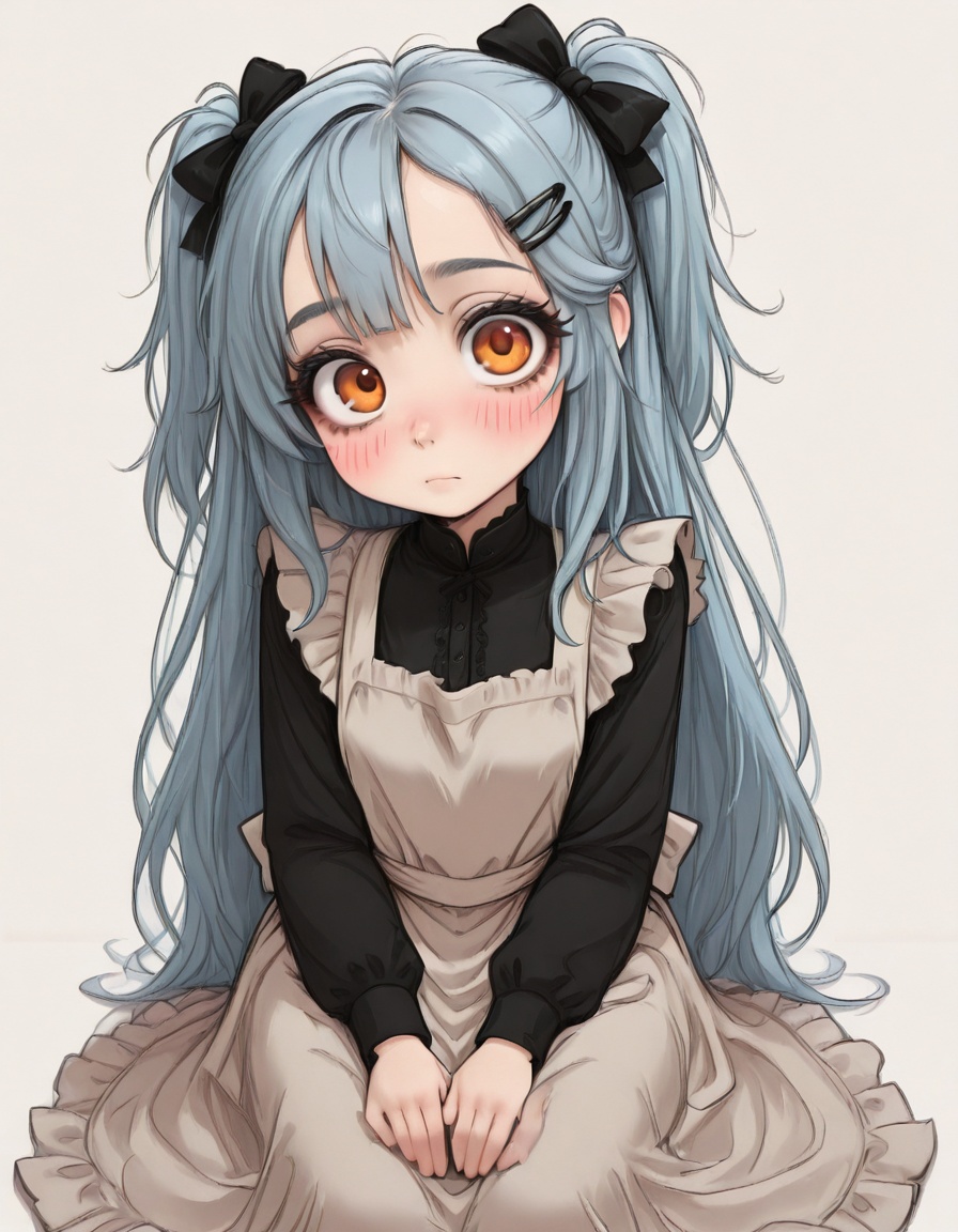 1girl,solo,long hair,looking at viewer,blush,bangs,simple background,shirt,hair ornament,long sleeves,white background,dress,bow,sitting,very long hair,closed mouth,blue hair,hair bow,frills,hairclip,apron,two side up,orange eyes,head tilt,black shirt,black bow,