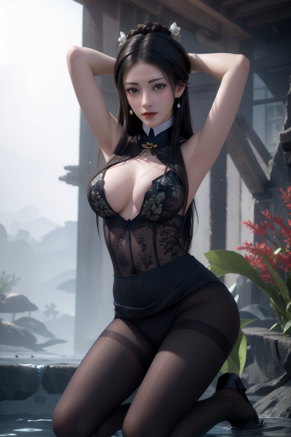 1girl,underwater,submerged,floating hair,air bubble,holding breath,see-through,masterpiece,best quality,highly detailed,fish,(wide hip:1.2),jellyfish,earrings,hair ornament,sea weed,coral reef,shark,sea turtle,sexy pose,kneeling,chinese dress,chinese clothes,big breasts,(looking at viewer:1.2),black pantyhose,arms up,torn pantyhose,