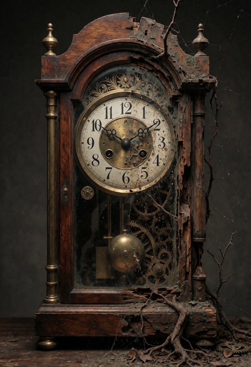 ta86_realityfracture,  close view of an antique standing clock against a dark neutral background,  asymmetrical compositio...