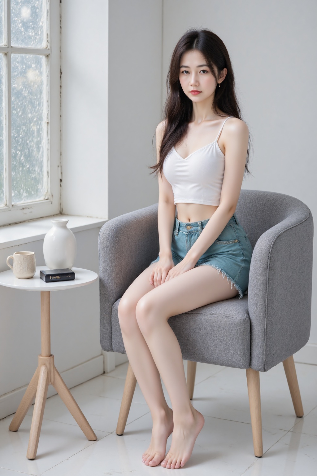 RUNYAN,Runyan sat in a gray chair in a modern,minimalist room with large windows,dressed in a white **** top and teal shorts.,