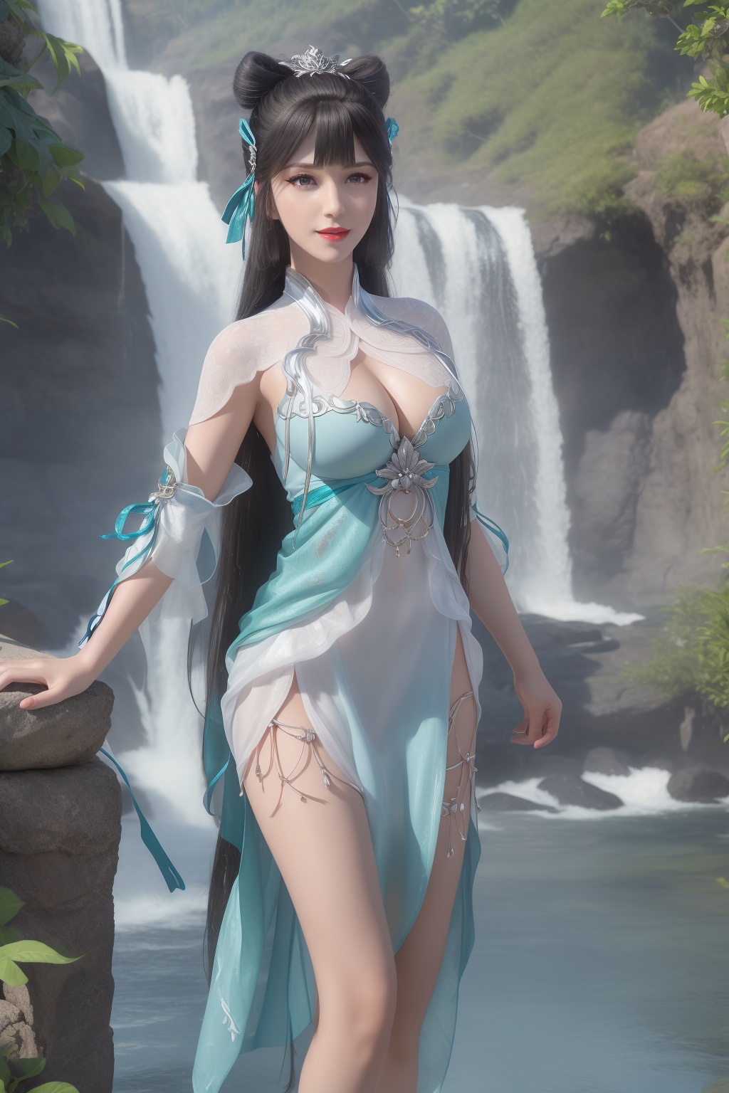 ultra realistic 8k cg,flawless,clean,masterpiece,professional artwork,famous artwork,perfect face,beautiful face,best quality,full_shot,absurdres,shenfengYuZiMo,1girl,solo,dress,chinese clothes,short sleeves,double bun,short sleeves,standing,detached sleeves,bangs,bare shoulders,cleavage cutout,clothing cutout,torogao,smile,makeup,red lips,breasts,large breasts,jewelry,earrings,hair ornament,(outdoors:1.4),water,waterfall,flower,hair ribbon,hair rings,ribbon,long hair,realistic,looking at viewer,shoes,aqua footwear,<lora:shenfengYuZiMo_20240107105931-000002:0.7>,