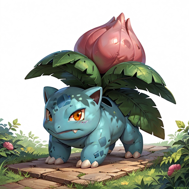 (ivysaur:1.1),score_9,score_8_up,score_8_up,source_furry,bud,a pink bud on the back,red eyes,green body,full body,simple background,(Green leaves on the back:0.8),(vines:0.6),3 toes,<lora:ivysaur:0.9>,pokemon \(creature\),claws,from behind,
