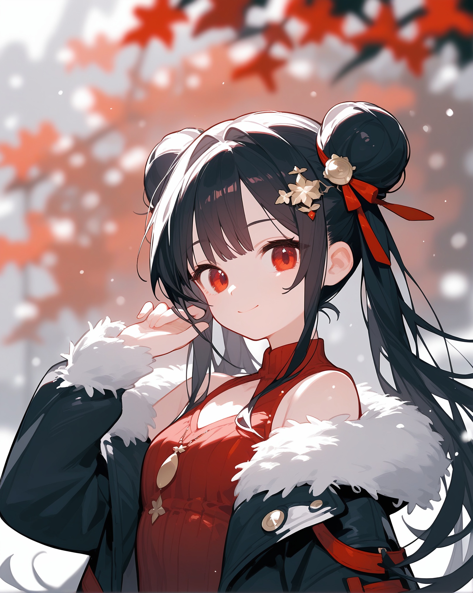 (score_9,score_8_up,score_7_up),1girl,solo,red eyes,black hair,long hair,looking at viewer,smile,upper body,fur trim,hair bun,bare shoulders,hair ornament,bangs,off shoulder,double bun,closed mouth,jacket,twintails,sleeveless,hand up,blurry,sidelocks,black jacket,long sleeves,