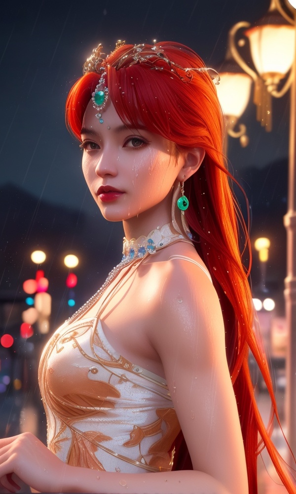 <lora:368-DA-沧元图-柳七月-凤凰变身:0.8>,(,1girl, ,best quality, ),looking at viewer, ,ultra detailed 8k cg, ultra detailed background,  ultra realistic 8k cg, flawless,  tamari \(flawless\), professional artwork, famous artwork, cinematic lighting, cinematic bloom, (( , )),, dreamlike, unreal, science fiction,  luxury, jewelry, diamond, pearl, gem, sapphire, ruby, emerald, intricate detail, delicate pattern, charming, alluring, seductive, erotic, enchanting, hair ornament, necklace, earrings, bracelet, armlet,halo,masterpiece, (( , )),,  ,cherry blossoms,(((, night,night sky,lamppost,  ultra high res, (photorealistic:1.4), raw photo, 1girl, , rain, sweat, ,wet, )))(( , ))   (()), (),