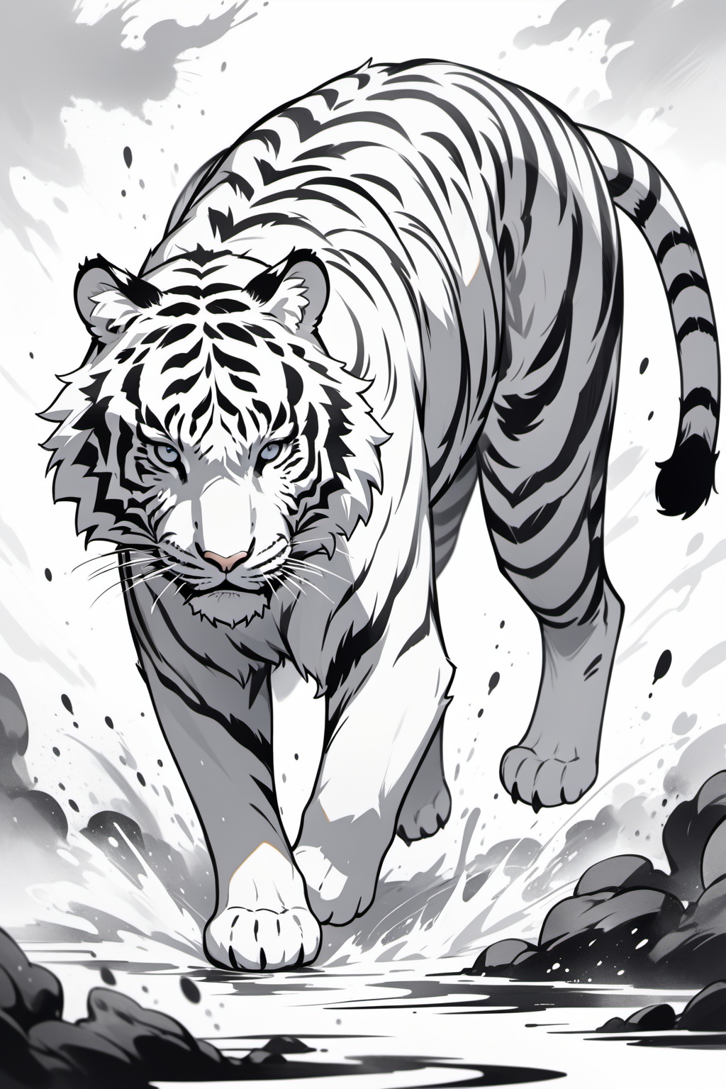 Chinese black and white ink painting,tiger,dynamic,aggressive posture,monochrome,ink wash,splatter effect,movement,power,artistic brush strokes,ferocity,, masterpiece,best quality,very aesthetic,absurdres,