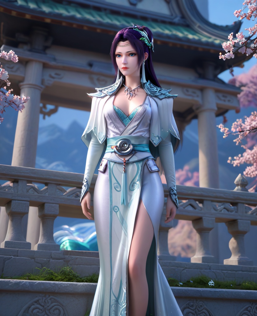 (oriental architecture, elegant decor, sophisticated style:1.1),(Balancing on one foot on a narrow bridge, arms extended, symbolizing balance and determination,:1.1),(breasts:1.2),<lora:XL16斗破苍穹云韵:0.95>,miss yunyun,white silk mermaid dress,blue eyes,dark purple hair,half-up crown updo with long cascading hair,hair ornament,earrings,circlet,necklace,blue camisole,shoulder cape,elbow gloves,sash,pelvic curtain,spiral foot decoration,, score_9,score_8_up,score_7_up,score_6_up,score_5_up,score_4_up,3d rendering,tag1,tag2, Cinematic Lighting,backlighting,, zPDXL3, zPDXL2,zPDXL, zPDXLxxx, zPDXLrl,