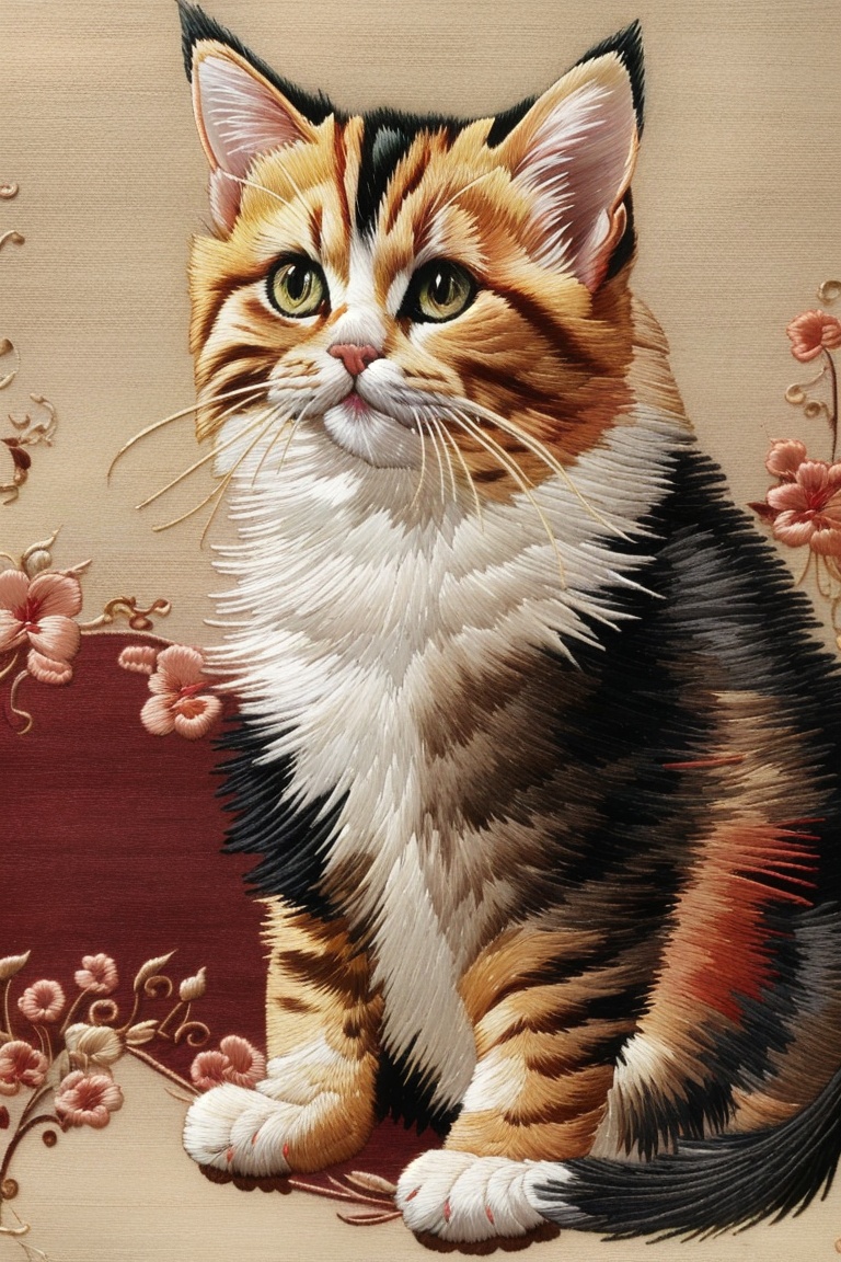 ((HRD, HUD, 8K)),((masterpiece, best quality)), highly detailed,Embroidery, no humans, animal focus, cat, realistic, traditional media, sitting, animal, full body, looking at viewer, brown eyes, solo, <lora:20240520-1716211516835:0.9>