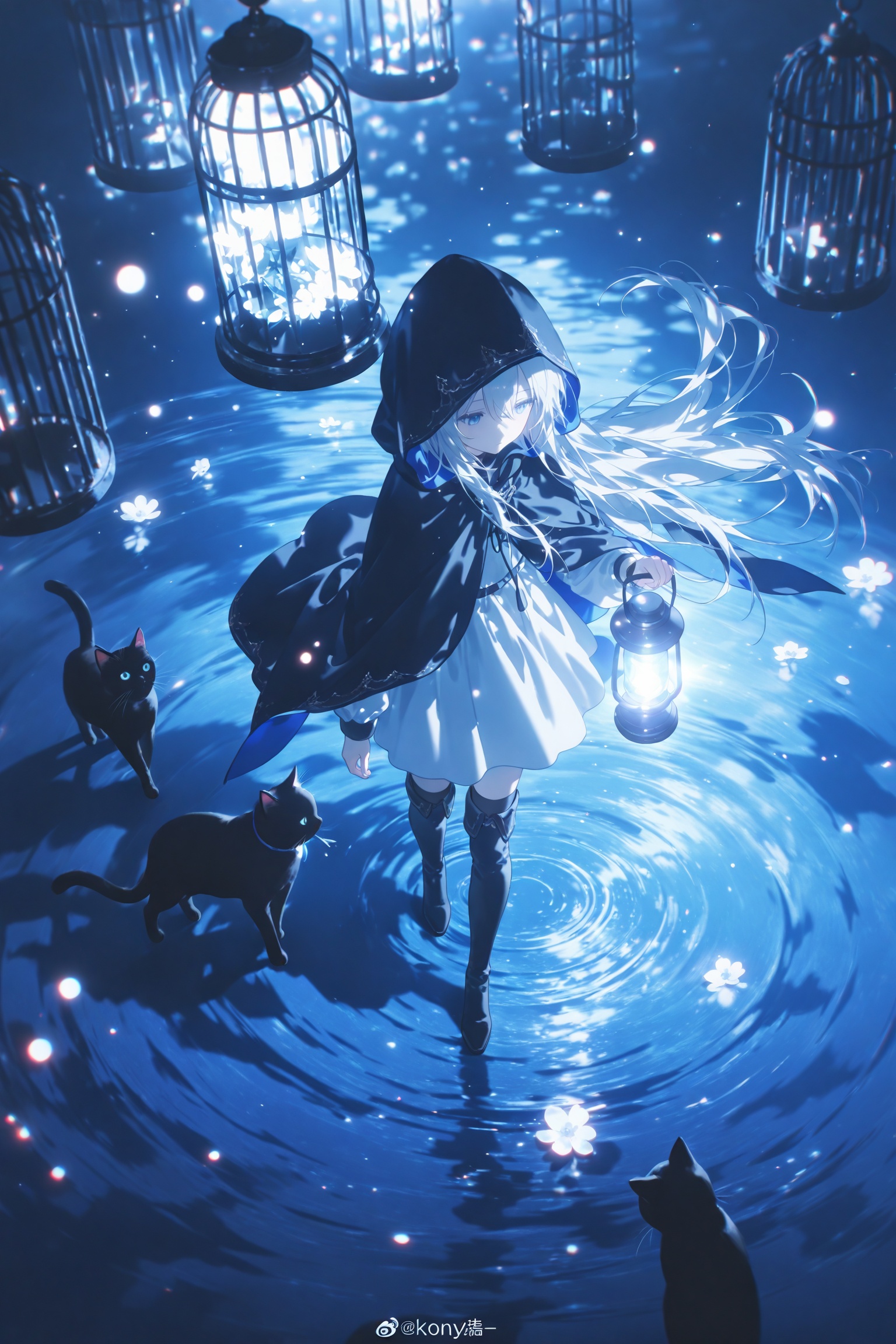 masterpiece,very aware,highres,absurdres,newest,best quality,high quality,loli,petite,chromatic_aberration,Light Blue Theme,lens_flare,dynamic_angle,cinematic_angle,//,artist:konya_karasue,//,1girl, cat, black cat, long hair, solo, hood, cage, holding, birdcage, hooded cloak, blue eyes, dress, boots, watermark, holding lantern, cloak, walking, blue theme, hood up, lantern, black footwear, white hair, black cloak, very long hair, full body, flower, closed mouth, animal, thighhighs, looking at animal, long sleeves, floating hair, water, light particles, standing, looking down, from above, dark, knee boots, expressionless, chromatic aberration, white dress, white flower, thigh boots, ripples, grey hair, night, white skirt, black thighhighs, artist name