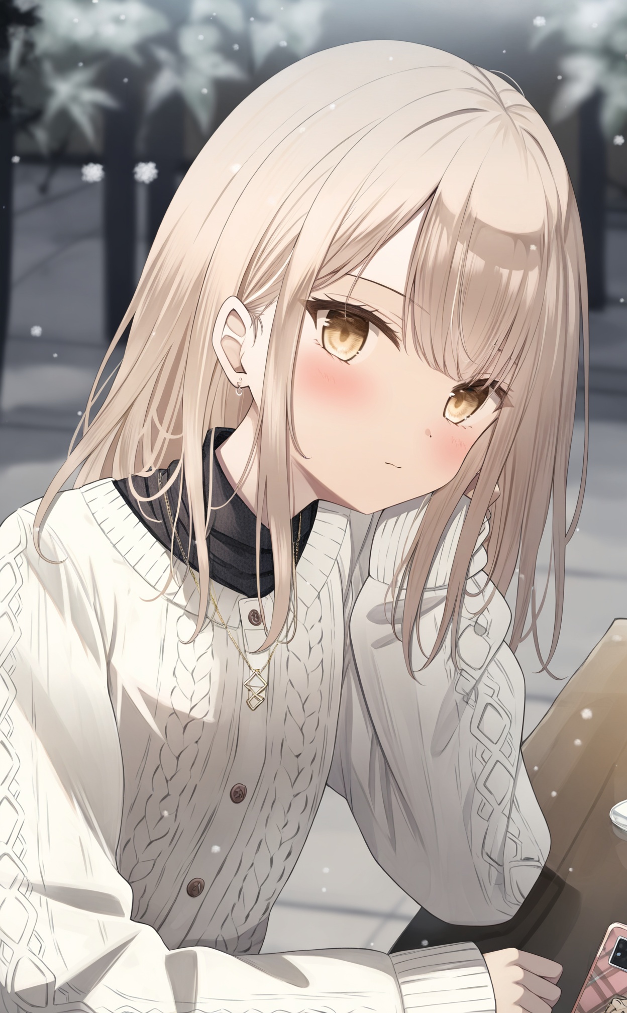 masterpiece,absurdres,best quality,loli,petite,high quality,//,1girl, phone, sweater, looking_at_viewer, jewelry, solo, earrings, cellphone, white_sweater, holding_phone, blush, long_hair, blurry, black_shirt, blonde_hair, brown_eyes, outdoors, necklace, shirt, blurry_background, long_sleeves, closed_mouth, snowing, holding, smartphone, snow, yellow_eyes, cable_knit, hand_on_own_face, sleeves_past_wrists, light_brown_hair, upper_body,<lora:千道センリ2——【noob】hans:1>,
