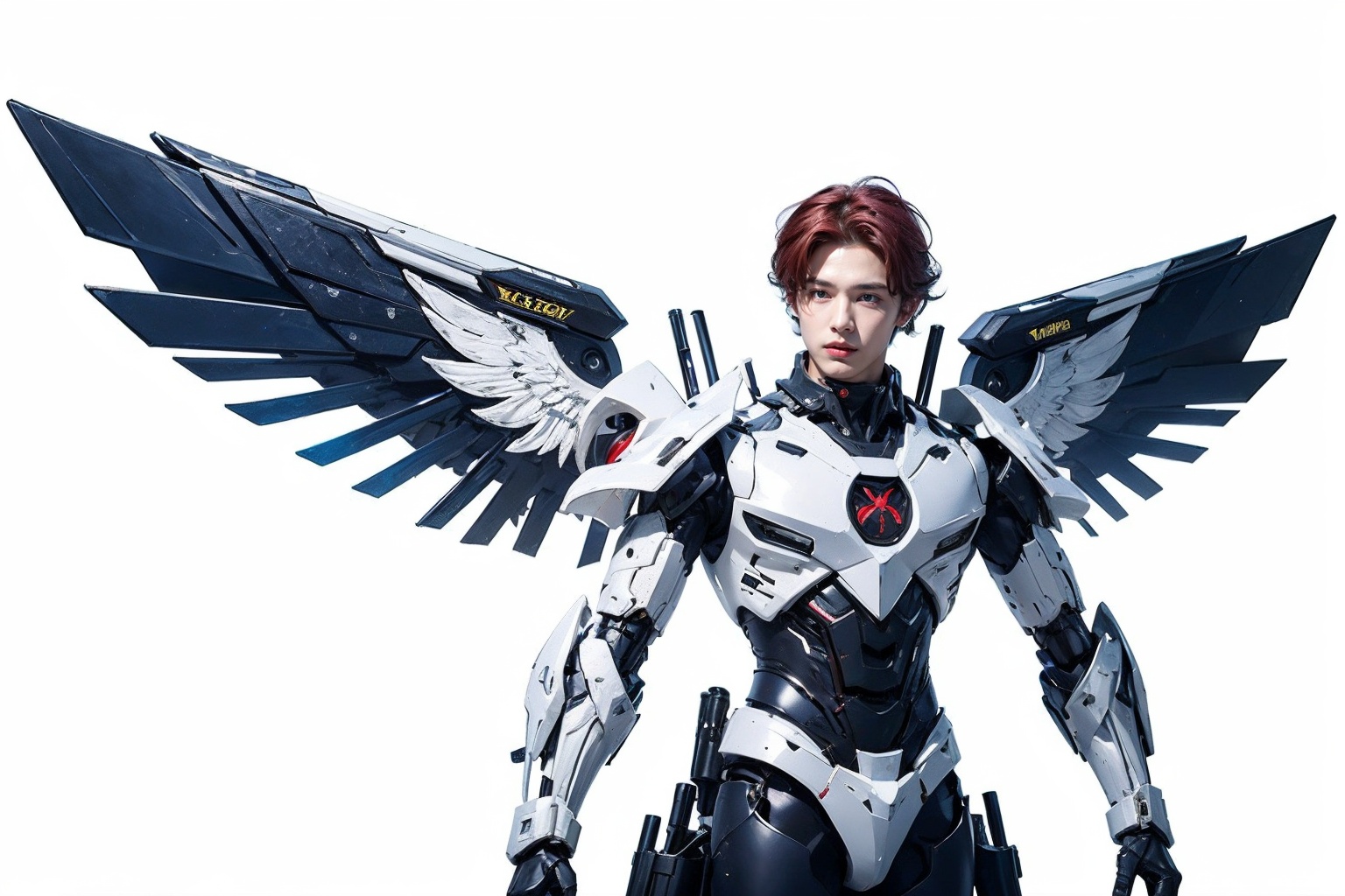 1boy,concept artwork,red hair,(a lonely solo boy:1.4),sky,wing,sitting on the ground,wings with fans,graphics card fan,strong male mecha warrior,mighty and domineering,cool mecha,32k,blue and white color scheme,white armor,<lora:atai_20240121203524-000008:0.7>,white_background,standing,cowboy_shot,