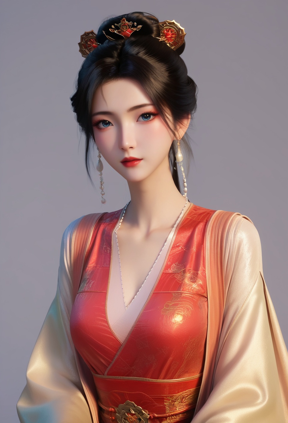 score_9,score_8_up,score_7_up,break.,nm outfit,china,masterpiece,very awa,best quality,amazing quality,very aesthetic,absurdres,beauty,pale skin,blush,realistic,sitting,1girl,solo,eyelashes,looking at viewer,nm outfit,simple background,<lora:41NM-慕沛灵红衣:0.8>,