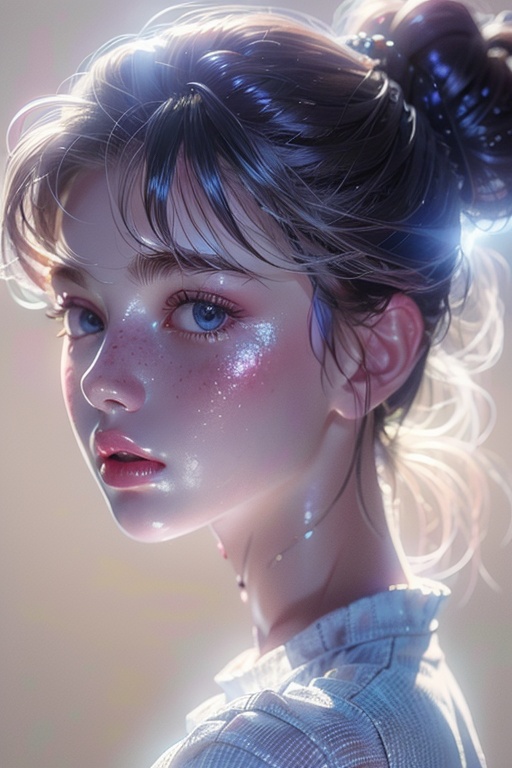 1girl,solo,blue eyes,long hair,looking at viewer,lips,eyelashes,portrait,bangs,black hair,sparkle,closed mouth,collarbone,shirt,backlighting,