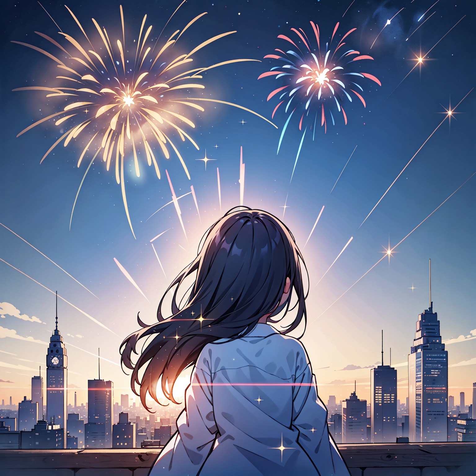 aurora, backlighting, city lights, constellation, diffraction spikes, fireworks, lens flare, light, light particles, light rays, long hair, silhouette,solo,sparkle, star \(sky\), starry background,from behind, 