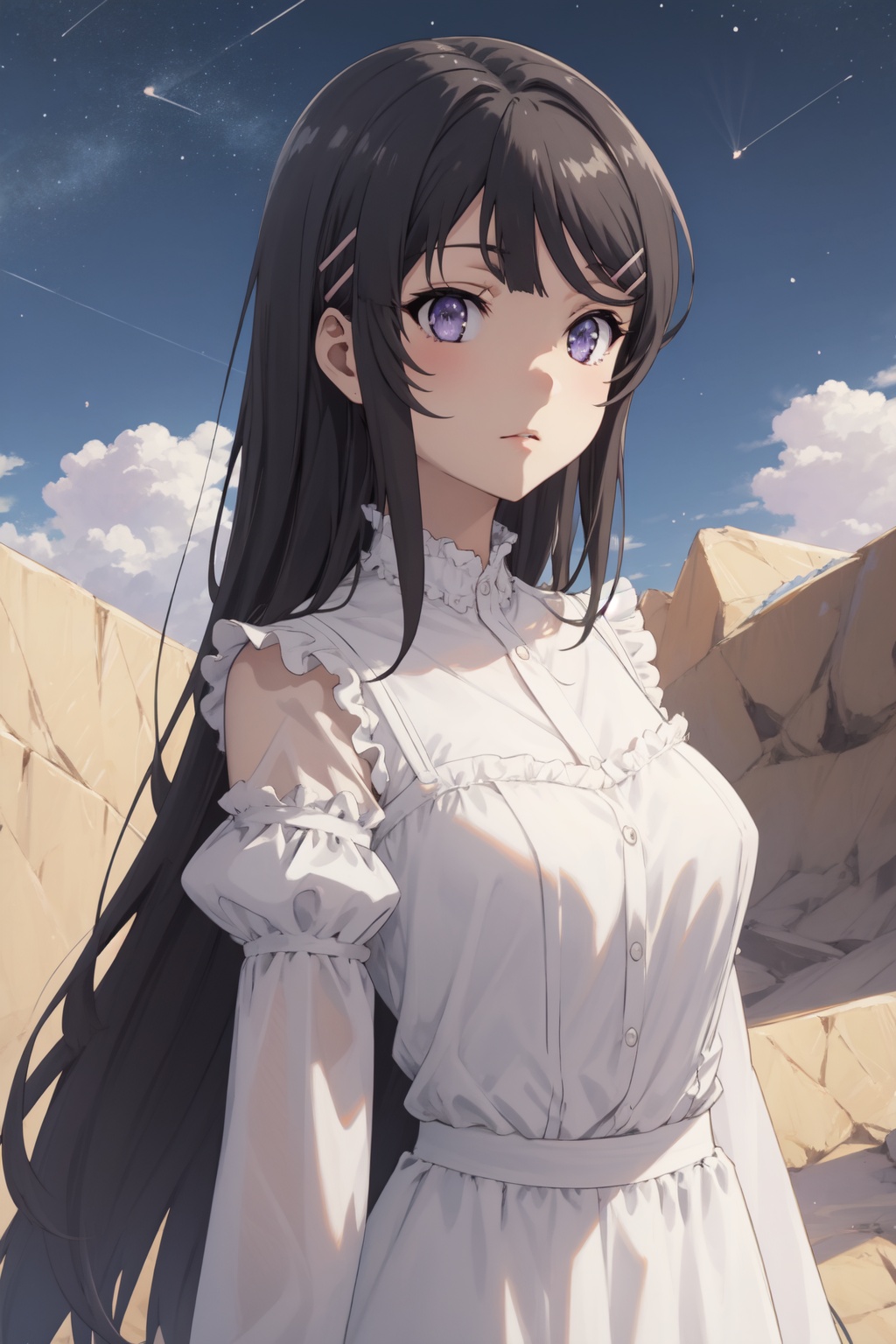 <lora:Mai-000010:0.8>,Mai CYQL,1girl,looking at viewer,solo,black_hair,long_hair,hairclip,hair_ornament,purple eyes,Tiered peasant sundress with a square neckline and puff sleeves,smirk,bust,Desert, Dunes, Twilight, Sand, Shadows, Colors, Silence, Serenity,(Bluebells, Ferns, Oak trees, Fresh green leaves, Dappled sunlight, Woodland animals:0.5),beautiful detailed sky,beautiful detailed glow,posing in front of a colorful and dynamic background,masterpiece,best quality,beautiful and aesthetic,contrapposto,female focus,wallpaper,