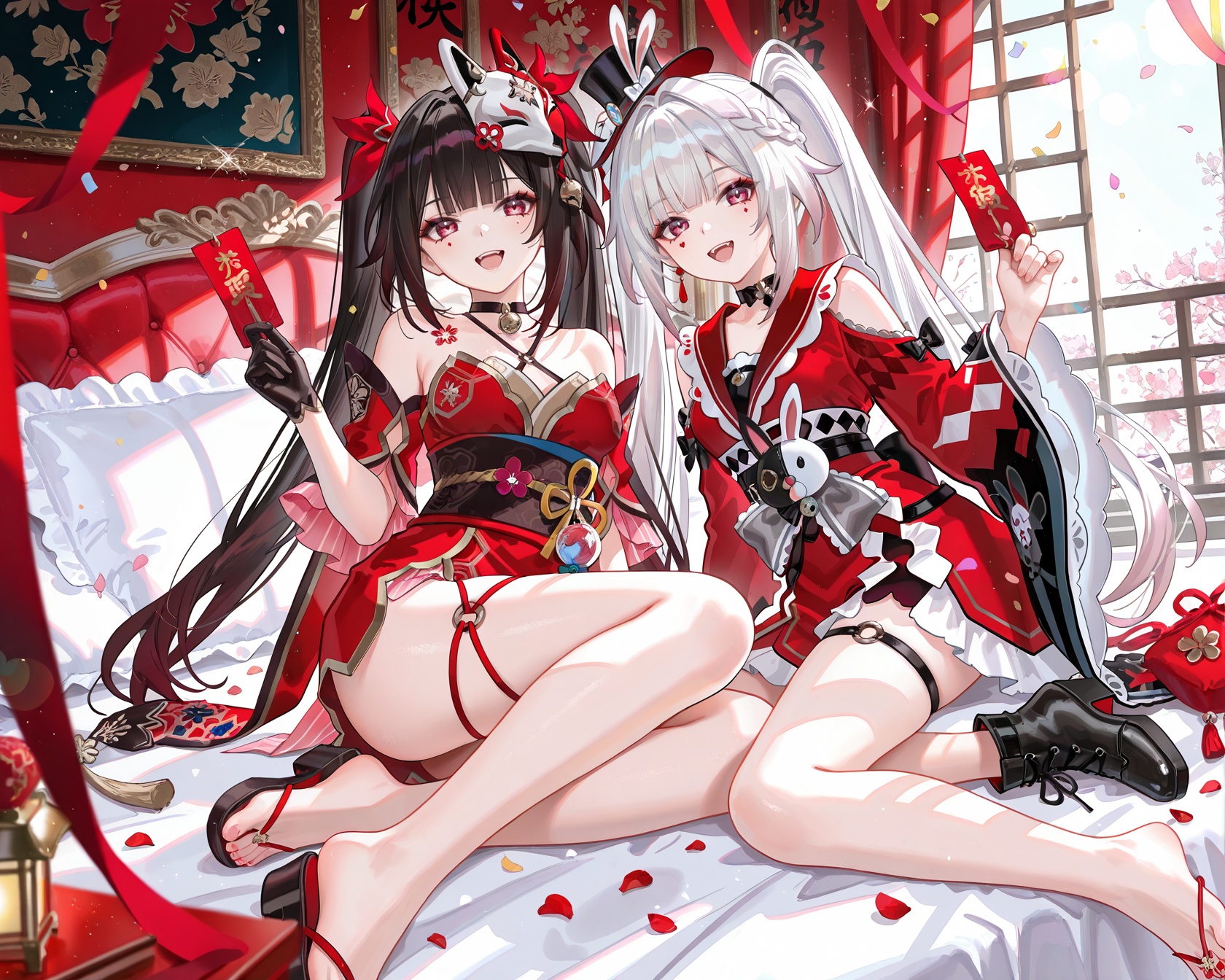 8k,best quality,masterpiece,gloves,(high detailed skin),((artist:reoen),(artist:fuzichoco),(artist:atdan),(artist:torino_aqua),year 2024:0.8)1girl,[artist:wlop],[artist:ningen_mame],artist:ciloranko,[[artist:rhasta]],artist:tidsean,colorful,detailed light,light leaks,sunlight,bokeh,blurry foreground,ray tracing,lens flare,cinematic lighting,2girls,<lora:huahuoXhuohua-ill-Tanger:0.8>,2girls BREAKSparkle \(Honkai: Star Rail\),black hair,Cherry blossom tattoo,chest tattoo,red dots under the eyes,clothes: Sparkledef red japanese clothes,bare shoulders,Sparkledef detached sleeves,mask on head,1girl,single black glove,kimono,sash,mask,obi,sandals BREAKSparxie \(Honkai: Star Rail\),white hair,heart and diamond facial marks,clothes: Sparxiedef red-and-white short dress,1girl,long hair,long sleeves,hat decorated with a rabbit plush,twintails,boots,black gloves,wide sleeves,kimono,black footwear,black bow,thigh strap,top hat BREAKsmile,open mouth,looking at viewer,:d,holding,full body,2girls,breasts,multiple girls,smile,looking at viewer,chinese new year,on bed,blanket,barefoot,