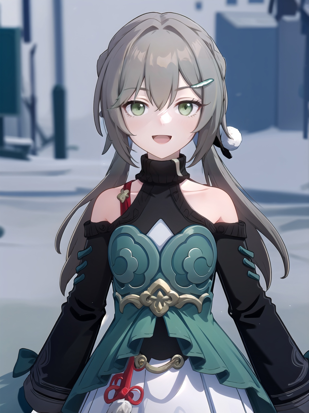 girl,solo focus,<lora:[角色]-[青雀-星穹铁道]StarRail_Qingque_AP_v1:1>,open mouth,smile,blurry,depth of field,upper body,green eyes,standing,official,outdoors,wind,+_+,simple background,, (best quality),((masterpiece)),