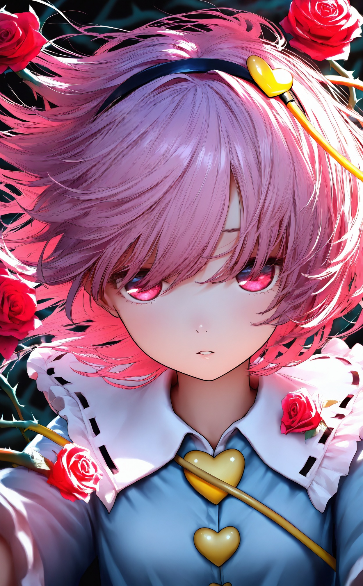 masterpiece,best quality,high quality,loli,Light Blue Theme,//,1girl,flower,rose,solo,hair ornament,blue shirt,thorns,pink hair,heart button,shirt,komeiji satori,red rose,red flower,frilled shirt collar,heart,looking at viewer,hair over one eye,frills,blood,short hair,parted lips,heart hair ornament,upper body,buttons,hair flower,red eyes,pink eyes,collared shirt,black background,vines,one eye covered,plant,floating hair,hairband,eyebrows hidden by hair,//,year_2023,year_2024,//,official art,depth of field,detailed light,blurry background,cinematic lighting,ray tracing,amazing quality,very aesthetic,absurdres,beast quality,ultra detailed,god rays,backlighting,photo background,film grain,chromatic aberration,volumetric lighting,depth of field,blurry background,shiny skin,floating hair,cinematic lighting,day,very aesthetic,
