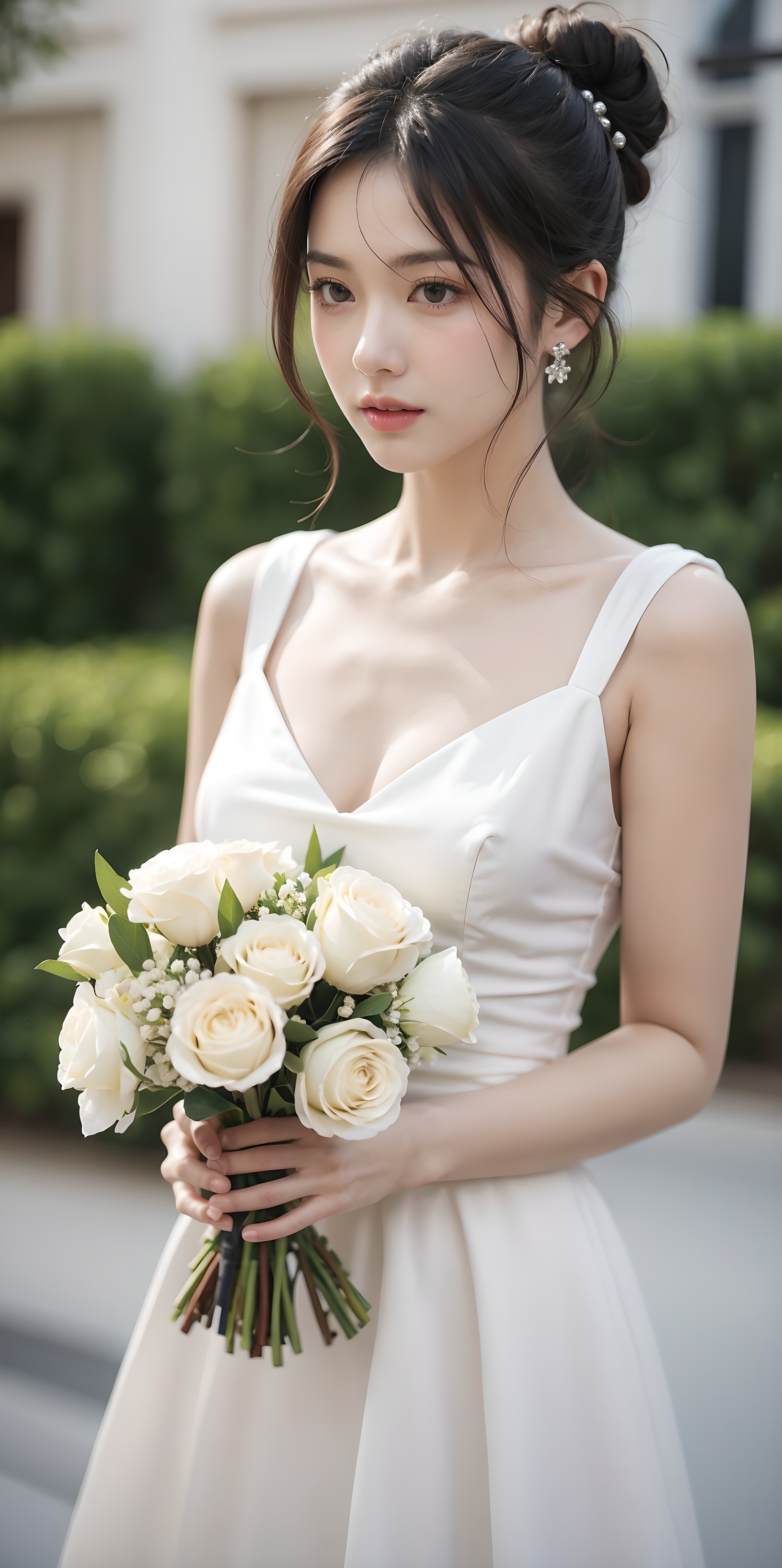 1girl,flower,white dress,black hair,bouquet,jewelry,earrings,blurry,looking at viewer,blurry background,white flower,realistic,holding,hair bun,black eyes, <lora:Xian-T手部修复lora（不用controlnet也不坏手了）_v3.0:1>the whole body:1.5